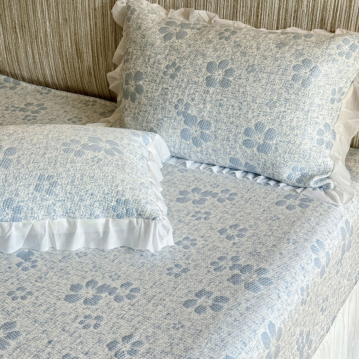 91家纺网 家纺一手货源 找家纺 【仙气飘飘】傲蕾AL BEDDING出口韩国高分子冰丝软凉席床裙款冰丝席雪纺花边乙纶凉席A类可机洗