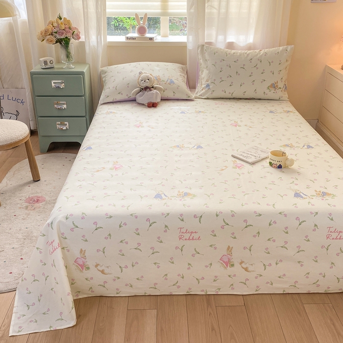 91家纺网 家纺一手货源 找家纺 红日子纺织品 2026新款全棉纯棉单床单 花语萌兔