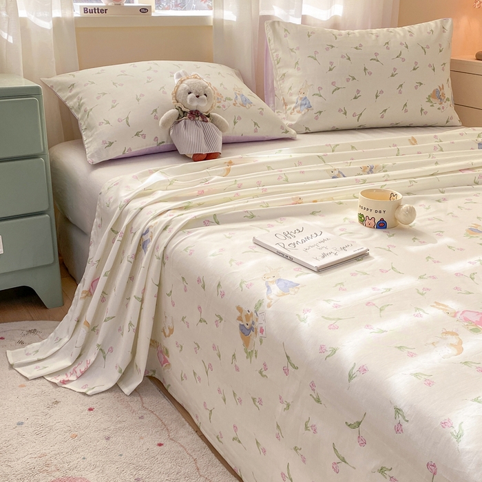 91家纺网 家纺一手货源 找家纺 红日子纺织品 2026新款全棉纯棉单床单 花语萌兔