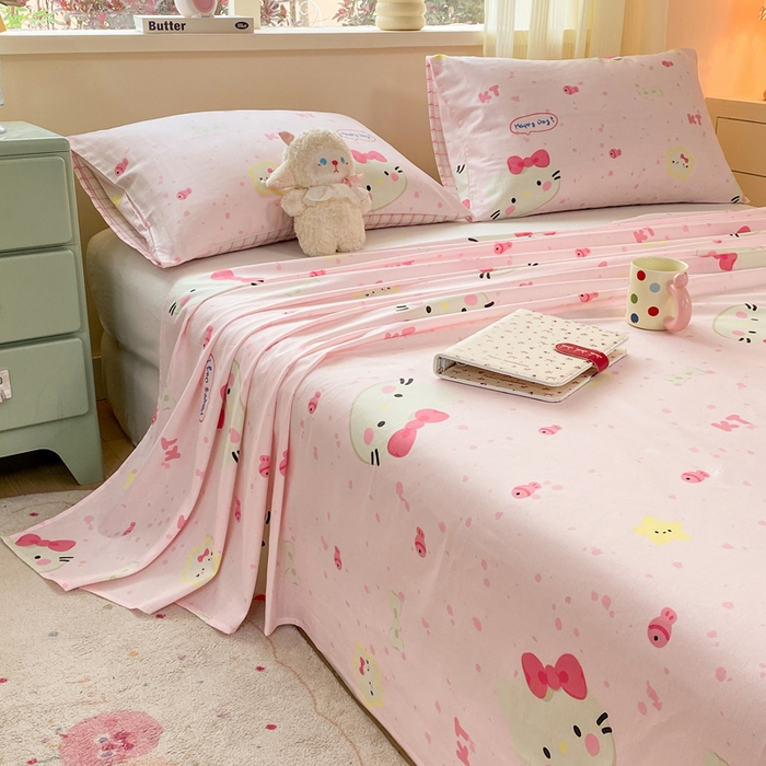 91家纺网 家纺一手货源 找家纺 红日子纺织品 2026新款全棉纯棉单床单 甜心猫咪