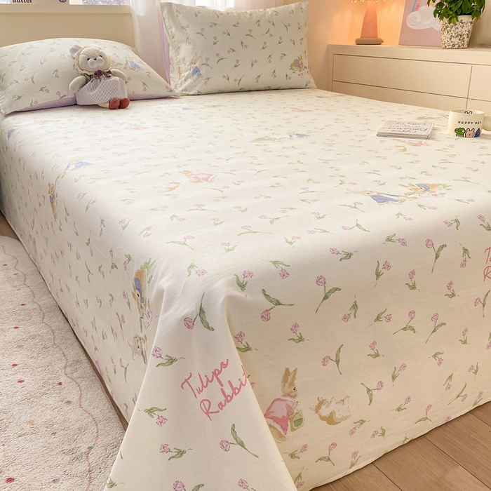 91家纺网 家纺一手货源 找家纺 红日子纺织品 2026新款全棉纯棉单床单 花语萌兔