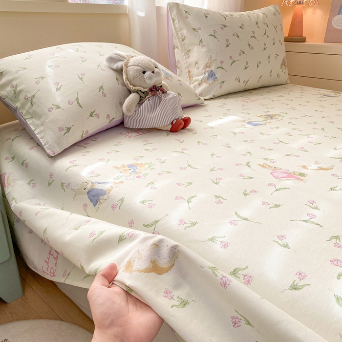 91家纺网 家纺一手货源 找家纺 红日子纺织品 2026新款全棉纯棉单床单 花语萌兔