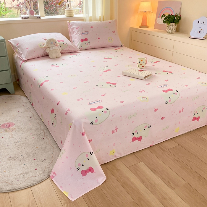 91家纺网 家纺一手货源 找家纺 红日子纺织品 2026新款全棉纯棉单床单 甜心猫咪