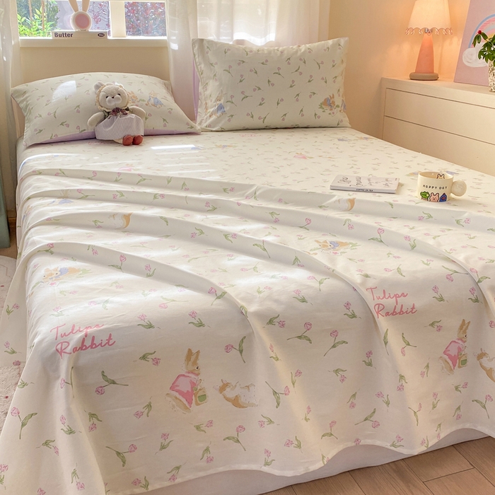 91家纺网 家纺一手货源 找家纺 红日子纺织品 2026新款全棉纯棉单床单 花语萌兔