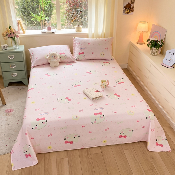 91家纺网 家纺一手货源 找家纺 红日子纺织品 2026新款全棉纯棉单床单 甜心猫咪