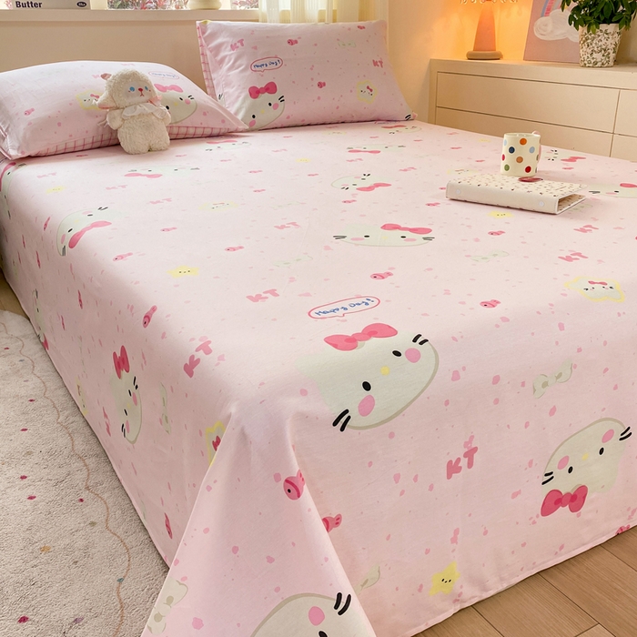 91家纺网 家纺一手货源 找家纺 红日子纺织品 2026新款全棉纯棉单床单 甜心猫咪