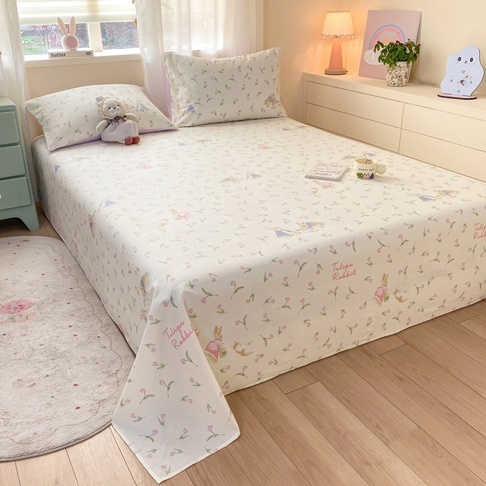 91家纺网 家纺一手货源 找家纺 红日子纺织品 2026新款全棉纯棉单床单 花语萌兔