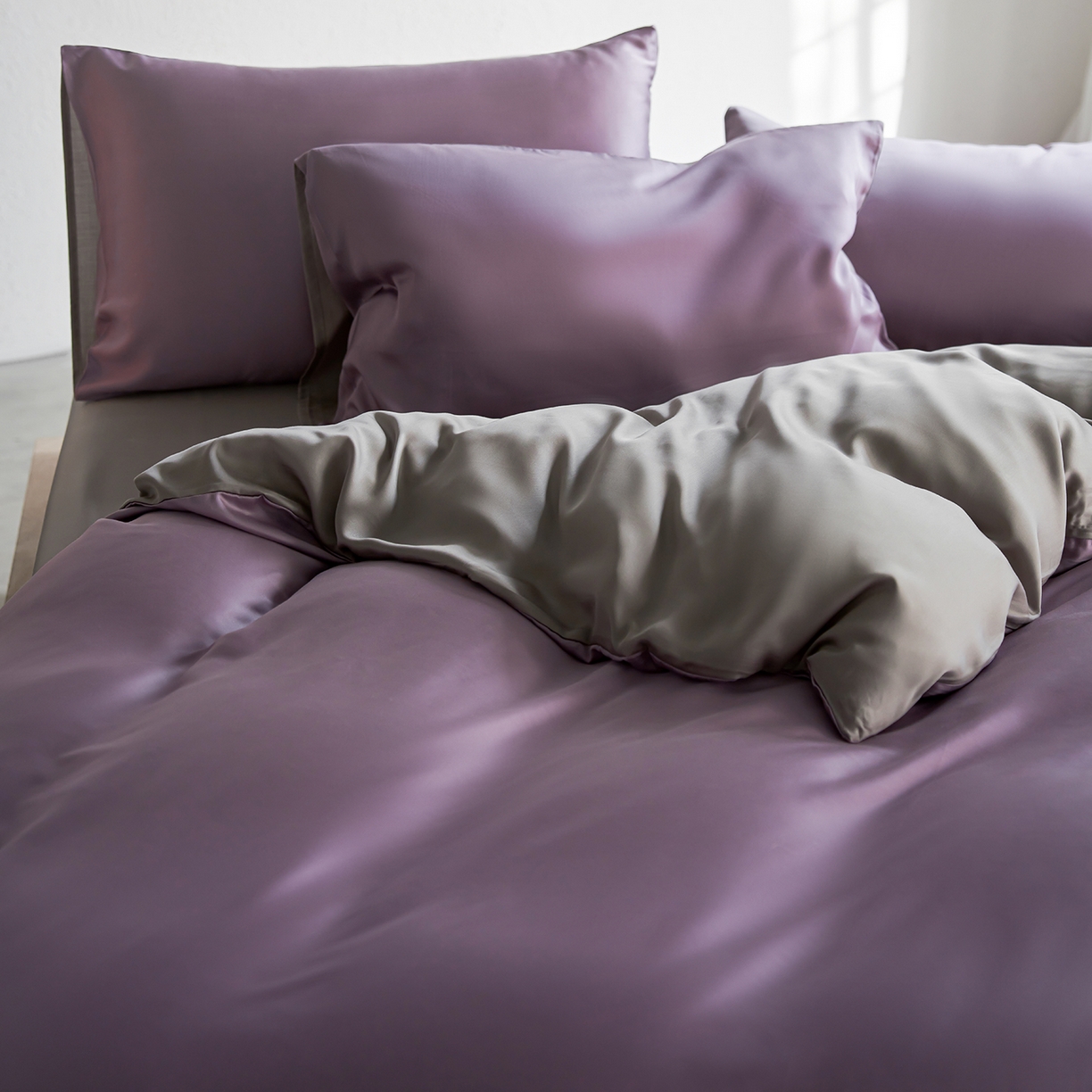 91家纺网 家纺一手货源 找家纺 轩和家居 2026新款60支奥地利兰精天丝四件套 香气紫+伯爵灰