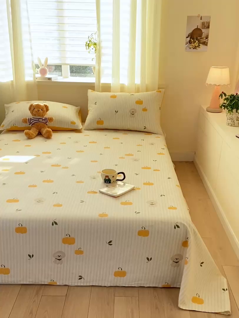 91家纺网 家纺一手货源 找家纺 红日子纺织品 2026新款全棉纯棉单床单 南瓜小狗