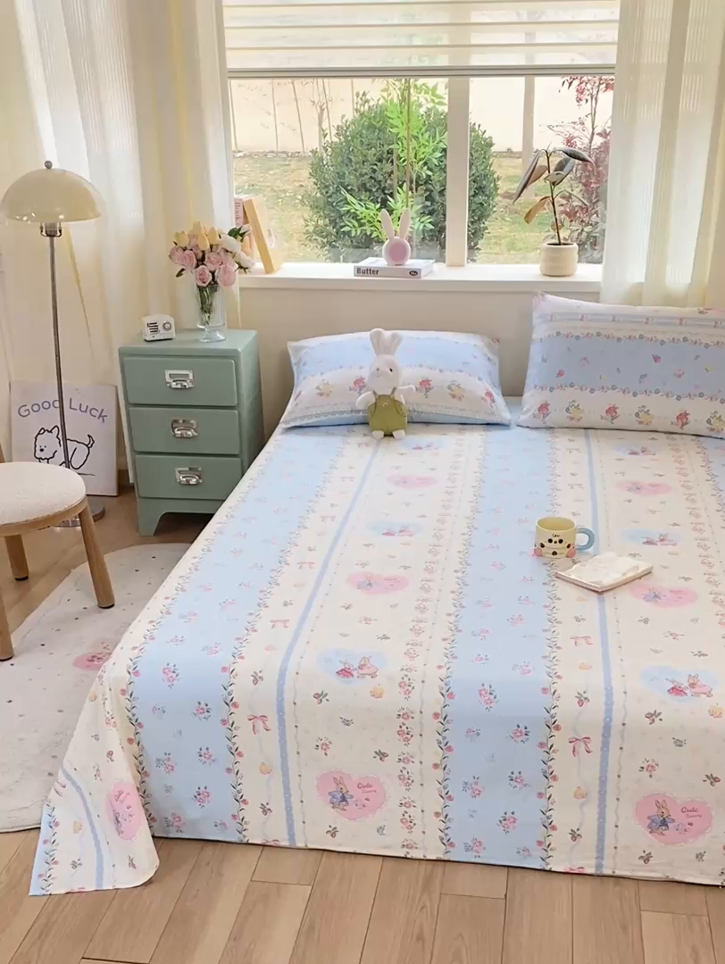 91家纺网 家纺一手货源 找家纺 红日子纺织品 2026新款全棉纯棉单床单 香颂萌兔