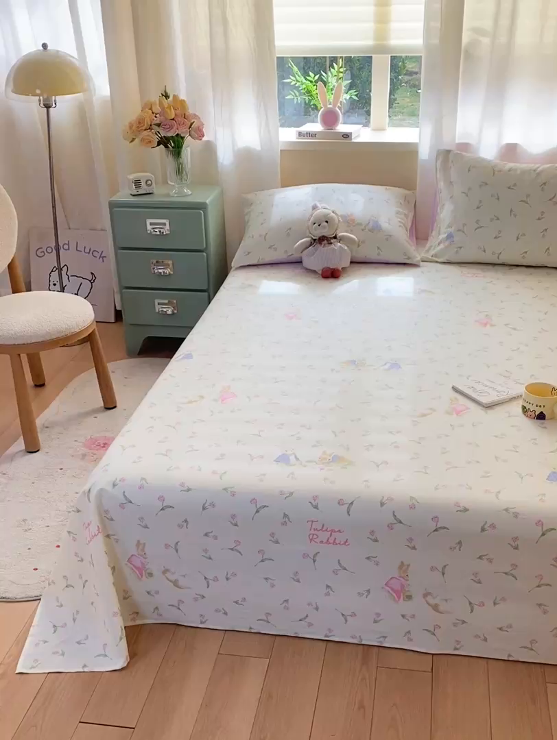 91家纺网 家纺一手货源 找家纺 红日子纺织品 2026新款全棉纯棉单床单 花语萌兔