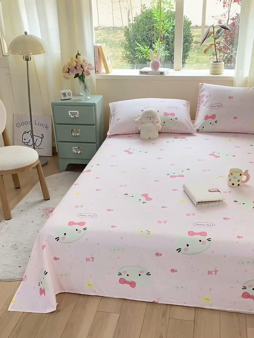 91家纺网 家纺一手货源 找家纺 红日子纺织品 2026新款全棉纯棉单床单 甜心猫咪