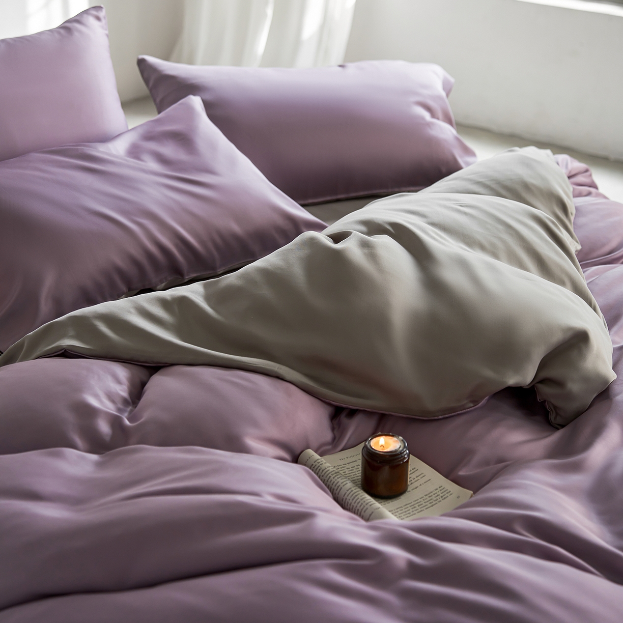 91家纺网 家纺一手货源 找家纺 轩和家居 2026新款60支奥地利兰精天丝四件套 香气紫+伯爵灰