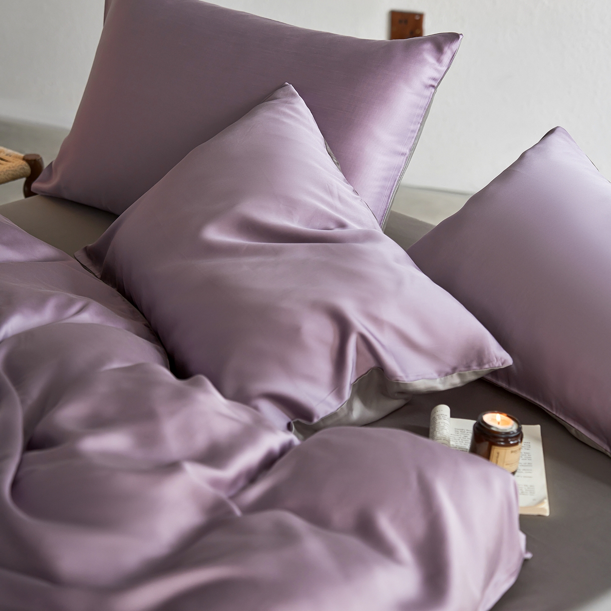 91家纺网 家纺一手货源 找家纺 轩和家居 2026新款60支奥地利兰精天丝四件套 香气紫+伯爵灰