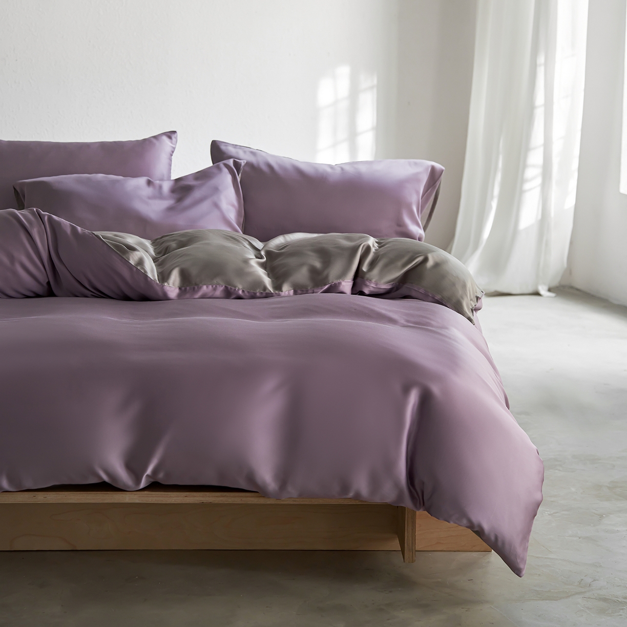 91家纺网 家纺一手货源 找家纺 轩和家居 2026新款60支奥地利兰精天丝四件套 香气紫+伯爵灰