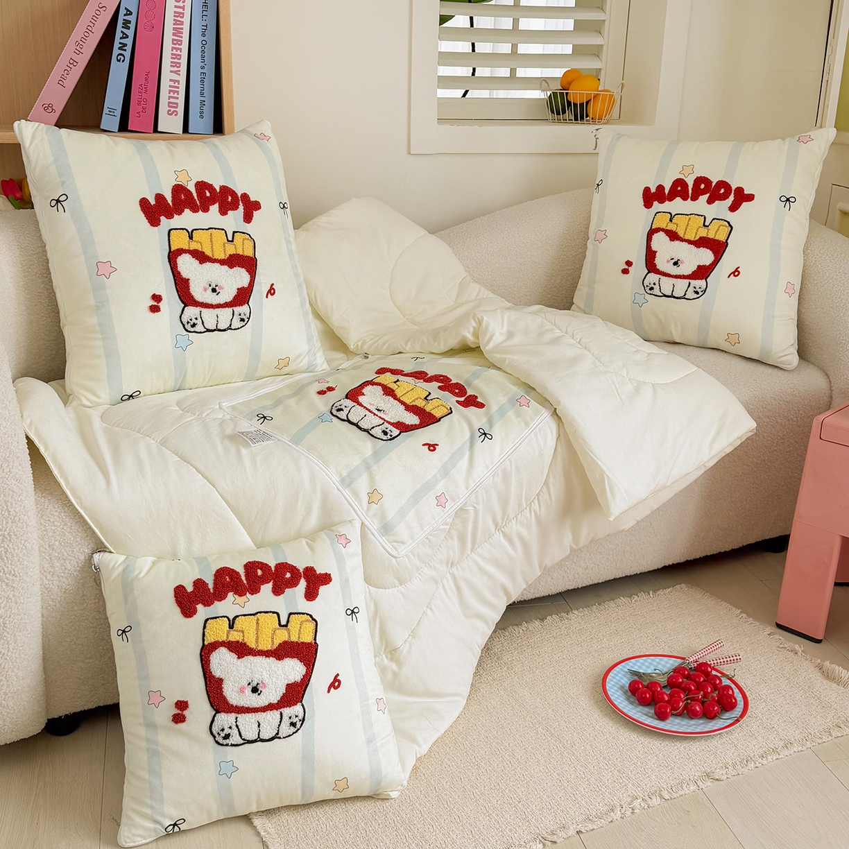 91家纺网 家纺一手货源 找家纺 番茄+ 2026新款ins风卡通毛巾绣抱枕被 薯条小狗