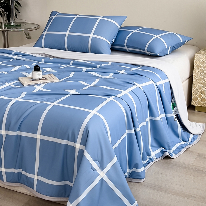 91家纺网 家纺一手货源 找家纺 世纪绒品 2026新款A类印花凉感丝夏被夏凉被空调被 海洋蓝格