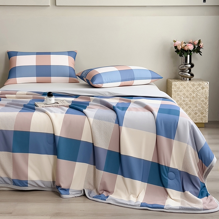 91家纺网 家纺一手货源 找家纺 世纪绒品 2026新款A类印花凉感丝夏被夏凉被空调被 雾蓝大格