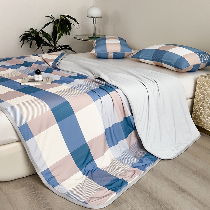 91家纺网 家纺一手货源 找家纺 世纪绒品 2026新款A类印花凉感丝夏被夏凉被空调被 雾蓝大格