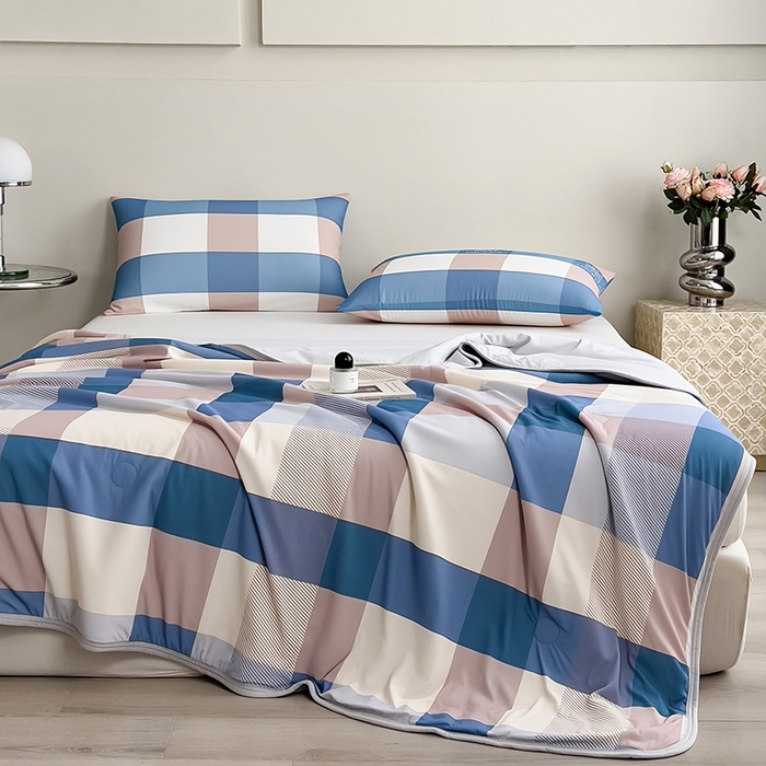 91家纺网 家纺一手货源 找家纺 世纪绒品 2026新款A类印花凉感丝夏被夏凉被空调被 雾蓝大格