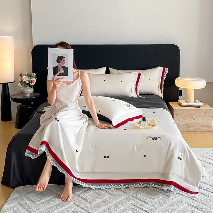 91家纺网 家纺一手货源 找家纺 （总）置顶家纺 22026新款水洗天丝夏被刺绣樱桃四件套