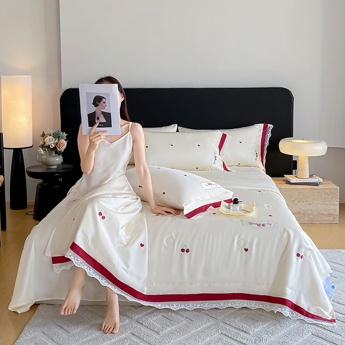 91家纺网 家纺一手货源 找家纺 （总）置顶家纺 22026新款水洗天丝夏被刺绣樱桃四件套