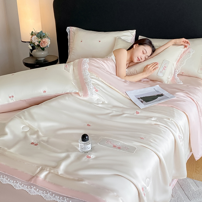 91家纺网 家纺一手货源 找家纺 （总）置顶家纺 22026新款水洗天丝夏被刺绣樱桃四件套