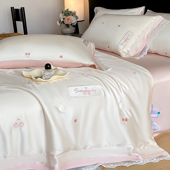 91家纺网 家纺一手货源 找家纺 （总）置顶家纺 22026新款水洗天丝夏被刺绣樱桃四件套