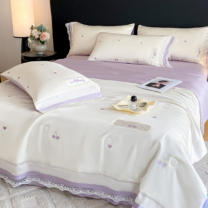 91家纺网 家纺一手货源 找家纺 置顶家纺 22026新款水洗天丝夏被刺绣樱桃四件套 克洛伊-白+香芋紫