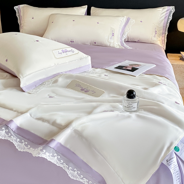 91家纺网 家纺一手货源 找家纺 置顶家纺 22026新款水洗天丝夏被刺绣樱桃四件套 克洛伊-白+香芋紫