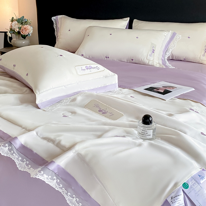 91家纺网 家纺一手货源 找家纺 置顶家纺 22026新款水洗天丝夏被刺绣樱桃四件套 克洛伊-白+香芋紫