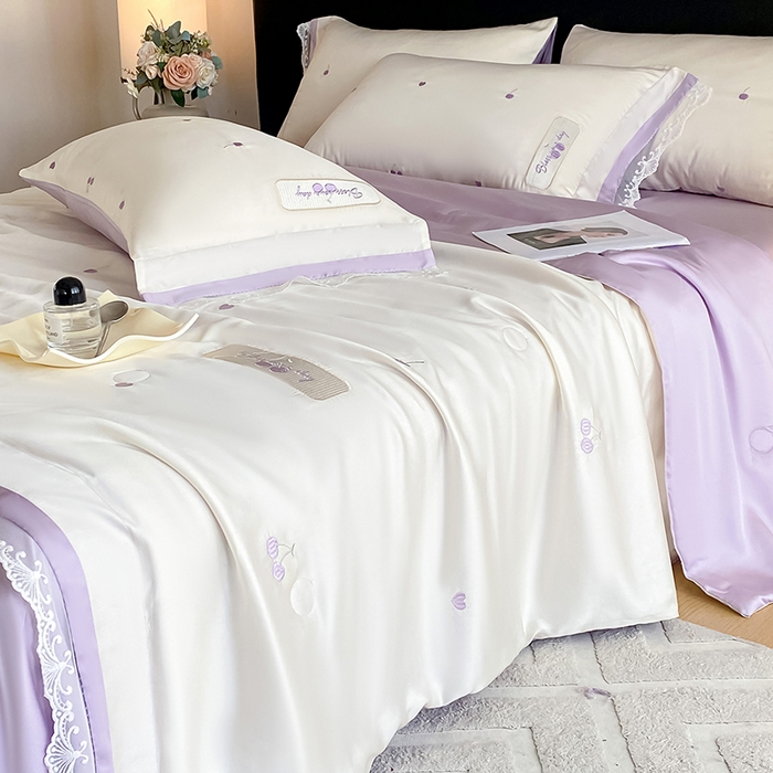 91家纺网 家纺一手货源 找家纺 置顶家纺 22026新款水洗天丝夏被刺绣樱桃四件套 克洛伊-白+香芋紫