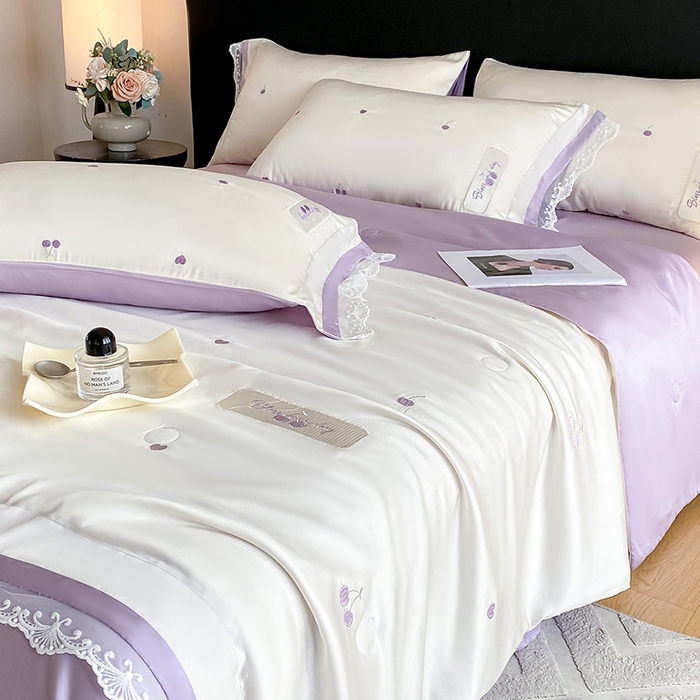 91家纺网 家纺一手货源 找家纺 置顶家纺 22026新款水洗天丝夏被刺绣樱桃四件套 克洛伊-白+香芋紫