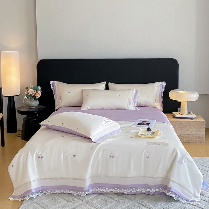 91家纺网 家纺一手货源 找家纺 置顶家纺 22026新款水洗天丝夏被刺绣樱桃四件套 克洛伊-白+香芋紫