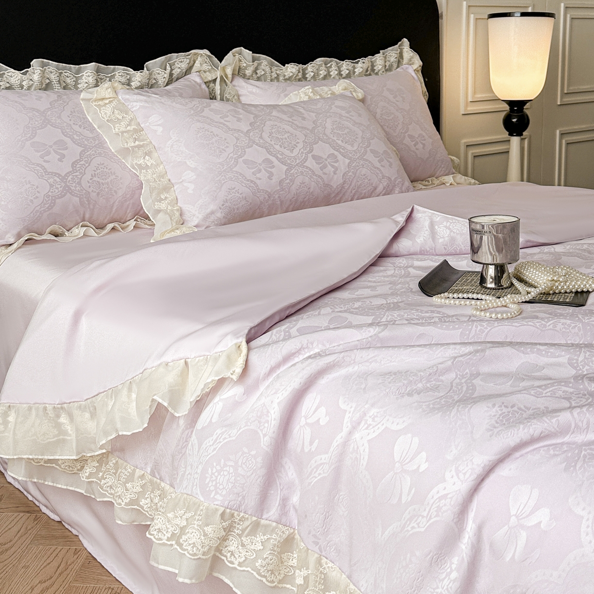 91家纺网 家纺一手货源 找家纺 你好美丽 2026新款水洗真丝蕾丝花边夏被夏凉被空调被四件套-夏梦 夏梦紫