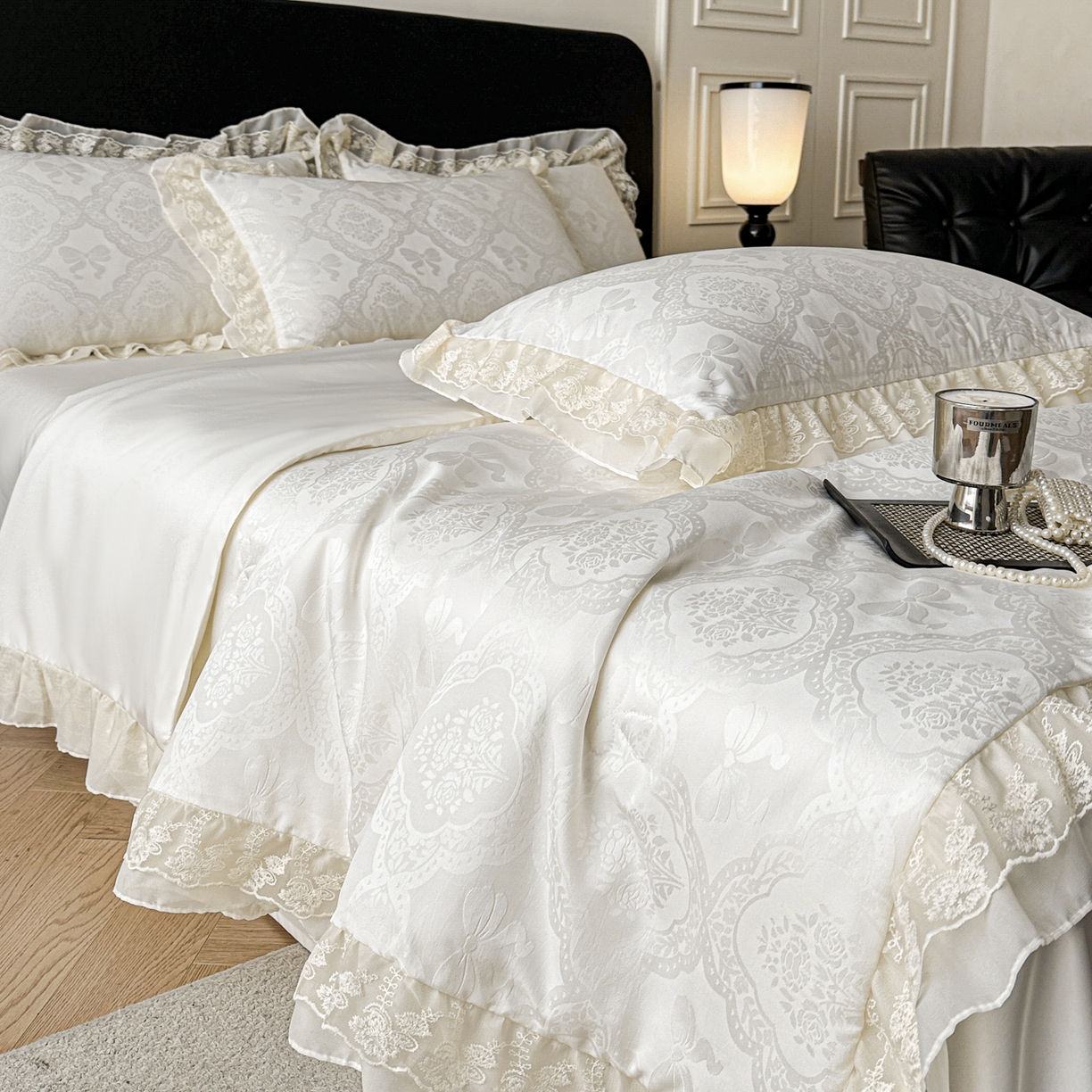 91家纺网 家纺一手货源 找家纺 你好美丽 2026新款水洗真丝蕾丝花边夏被夏凉被空调被四件套-夏梦 夏梦白