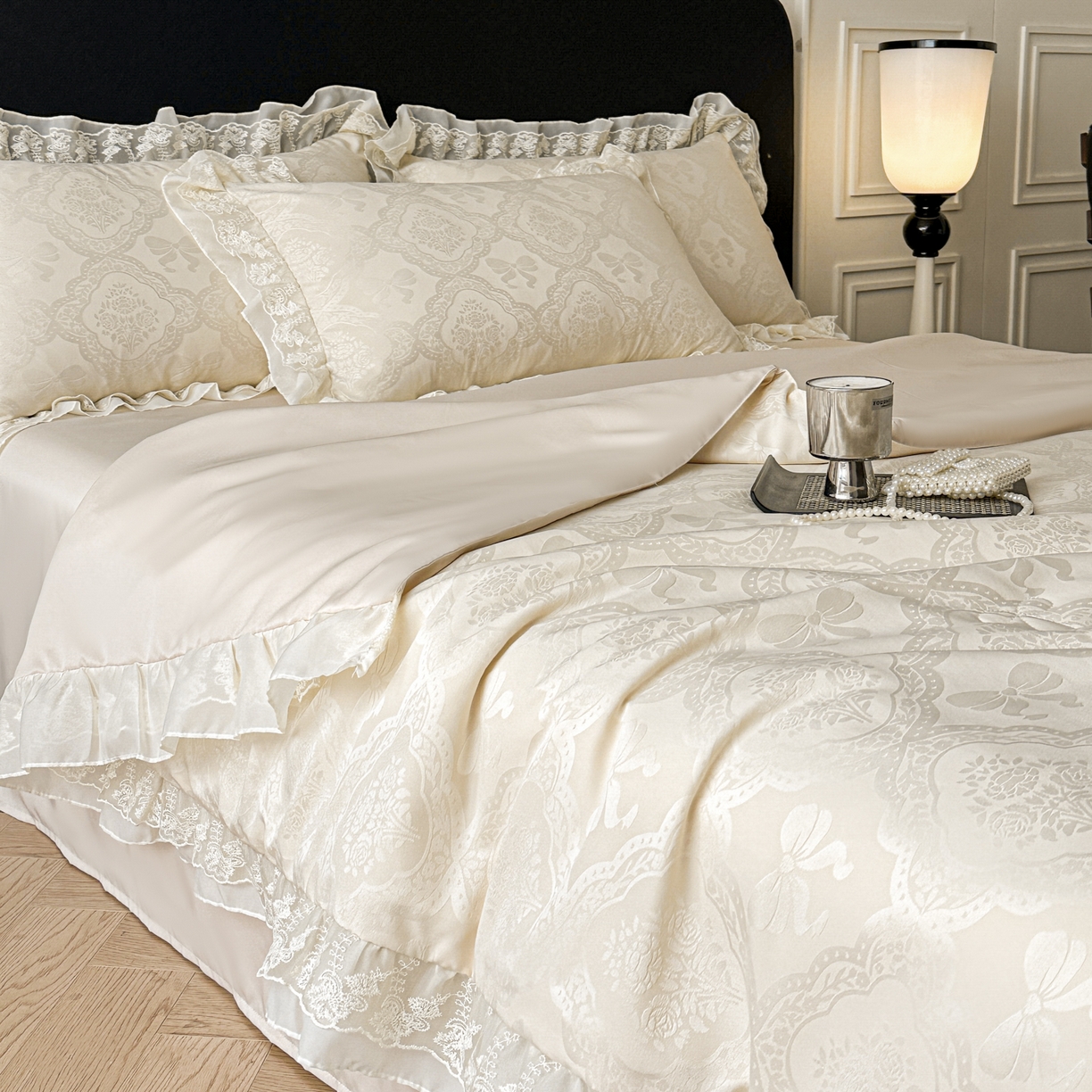 91家纺网 家纺一手货源 找家纺 你好美丽 2026新款水洗真丝蕾丝花边夏被夏凉被空调被四件套-夏梦 夏梦杏