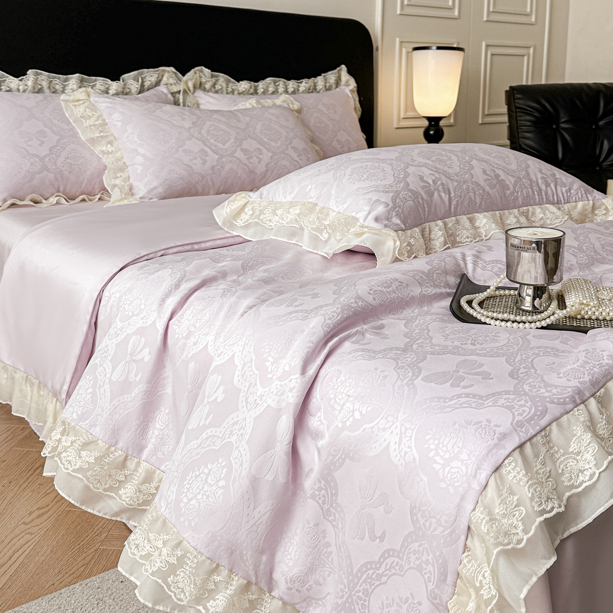 91家纺网 家纺一手货源 找家纺 你好美丽 2026新款水洗真丝蕾丝花边夏被夏凉被空调被四件套-夏梦 夏梦紫