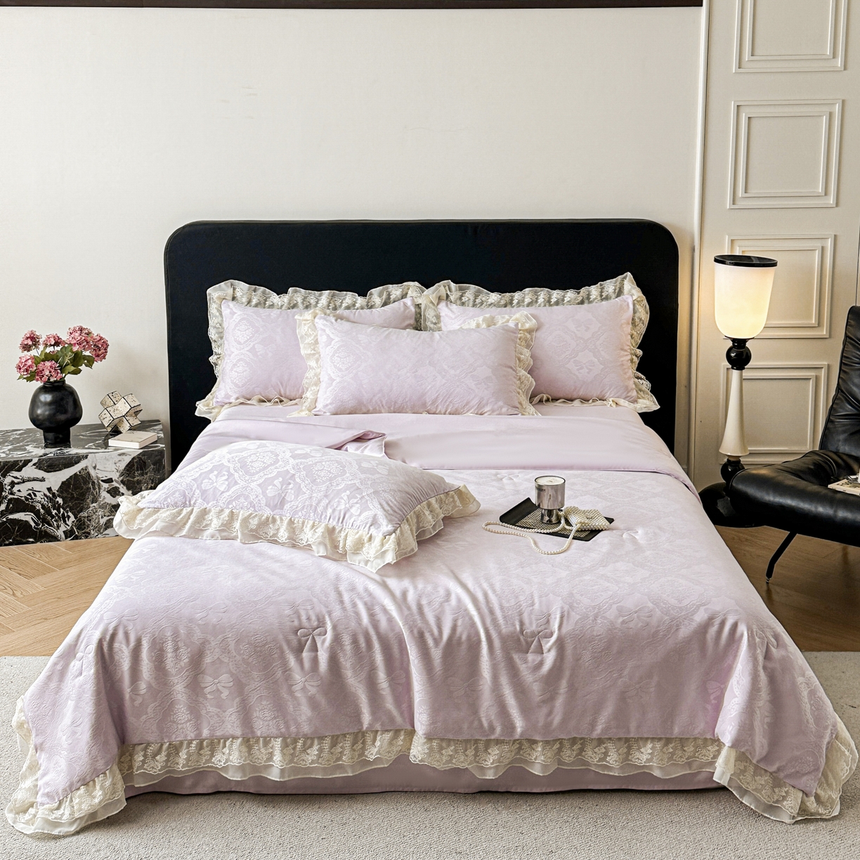 91家纺网 家纺一手货源 找家纺 你好美丽 2026新款水洗真丝蕾丝花边夏被夏凉被空调被四件套-夏梦 夏梦紫