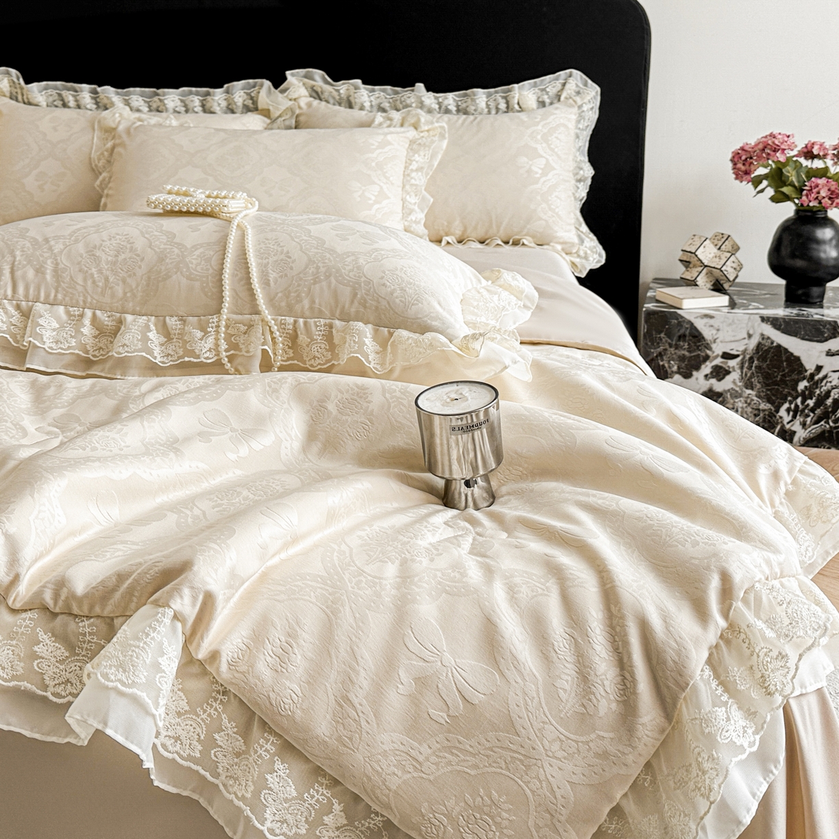 91家纺网 家纺一手货源 找家纺 你好美丽 2026新款水洗真丝蕾丝花边夏被夏凉被空调被四件套-夏梦 夏梦杏