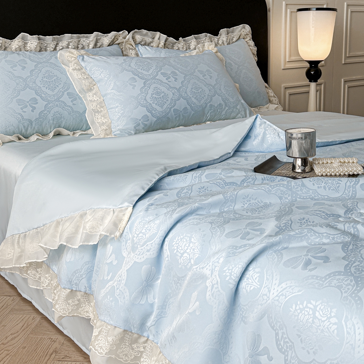 91家纺网 家纺一手货源 找家纺 你好美丽 2026新款水洗真丝蕾丝花边夏被夏凉被空调被四件套-夏梦 夏梦蓝