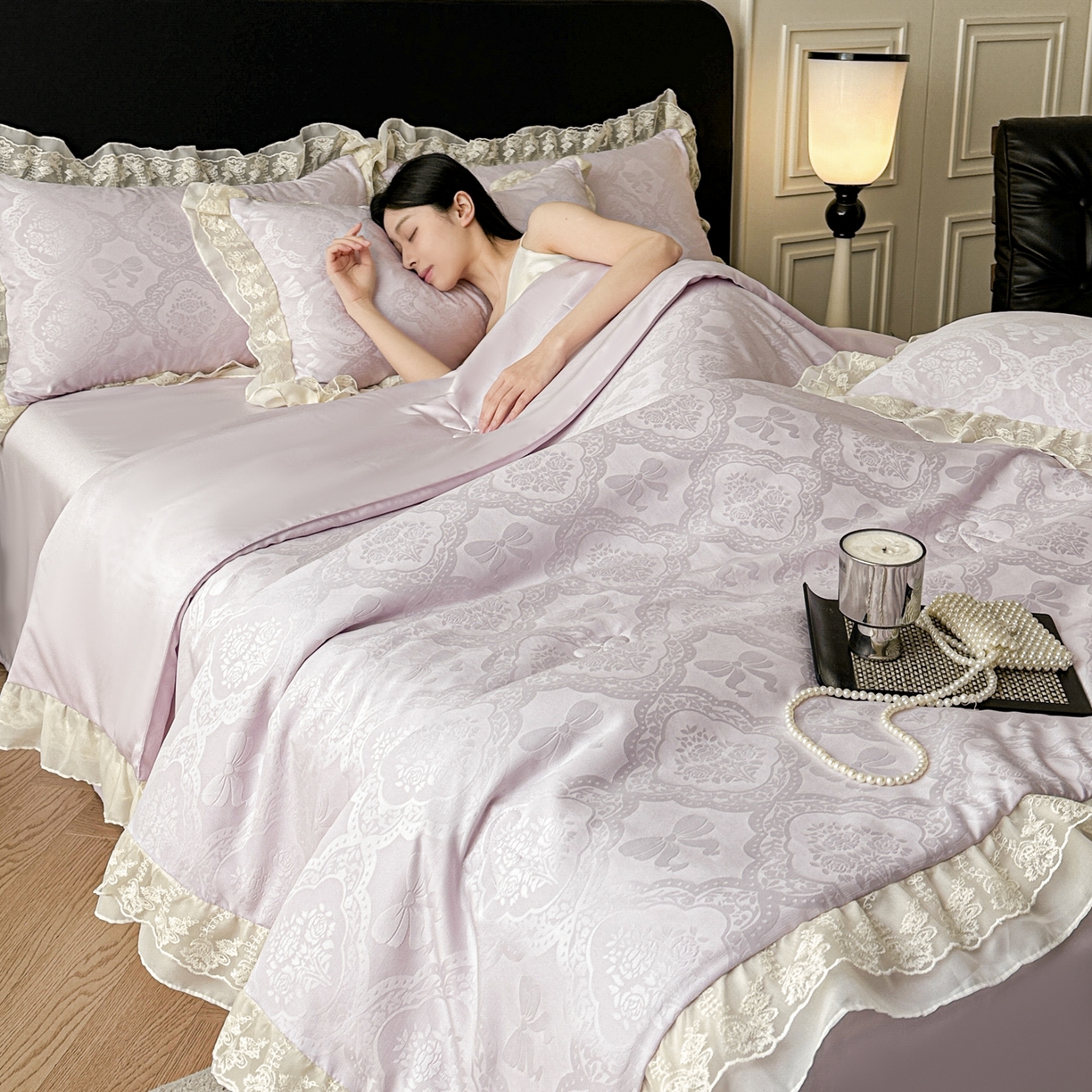 91家纺网 家纺一手货源 找家纺 你好美丽 2026新款水洗真丝蕾丝花边夏被夏凉被空调被四件套-夏梦 夏梦紫