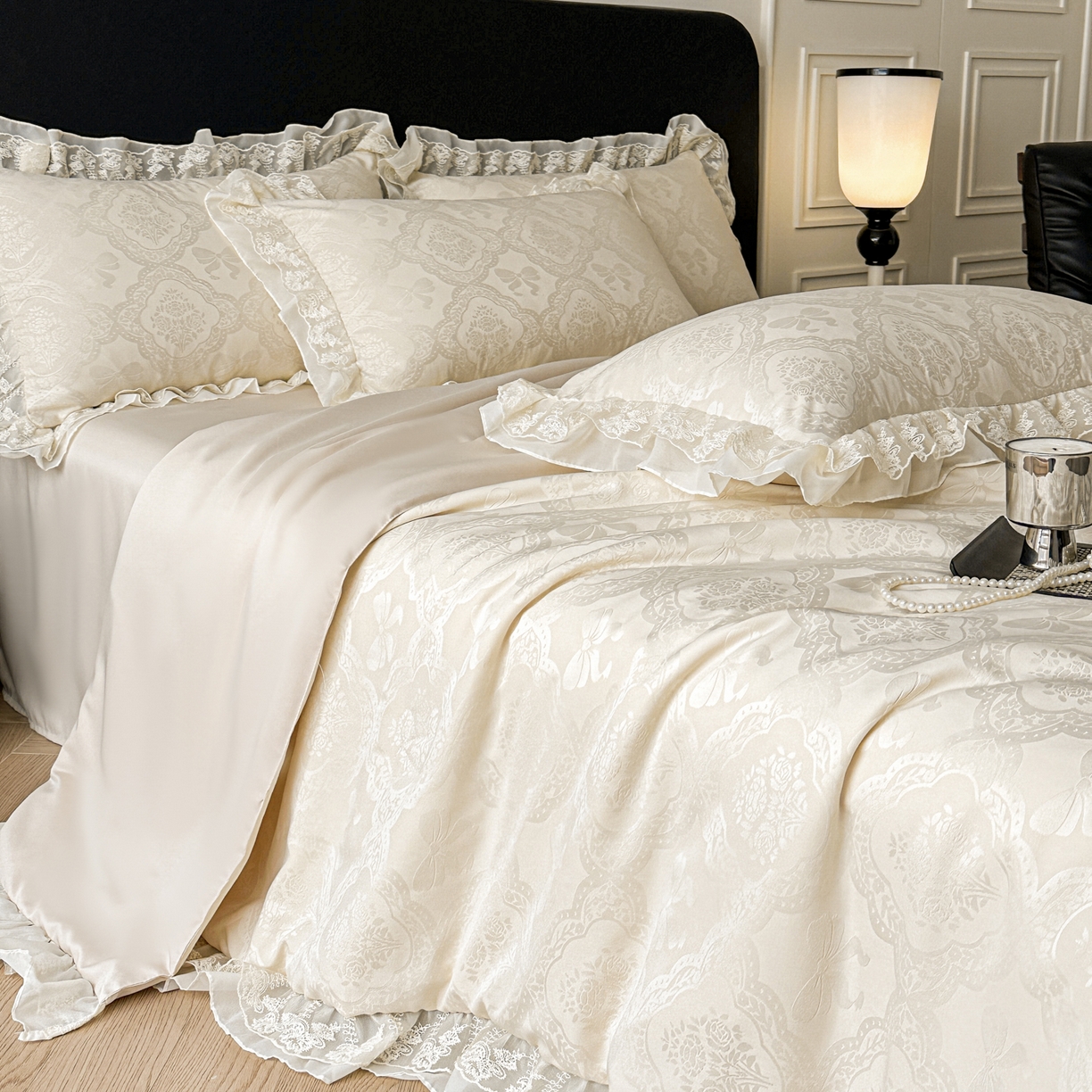 91家纺网 家纺一手货源 找家纺 你好美丽 2026新款水洗真丝蕾丝花边夏被夏凉被空调被四件套-夏梦 夏梦杏