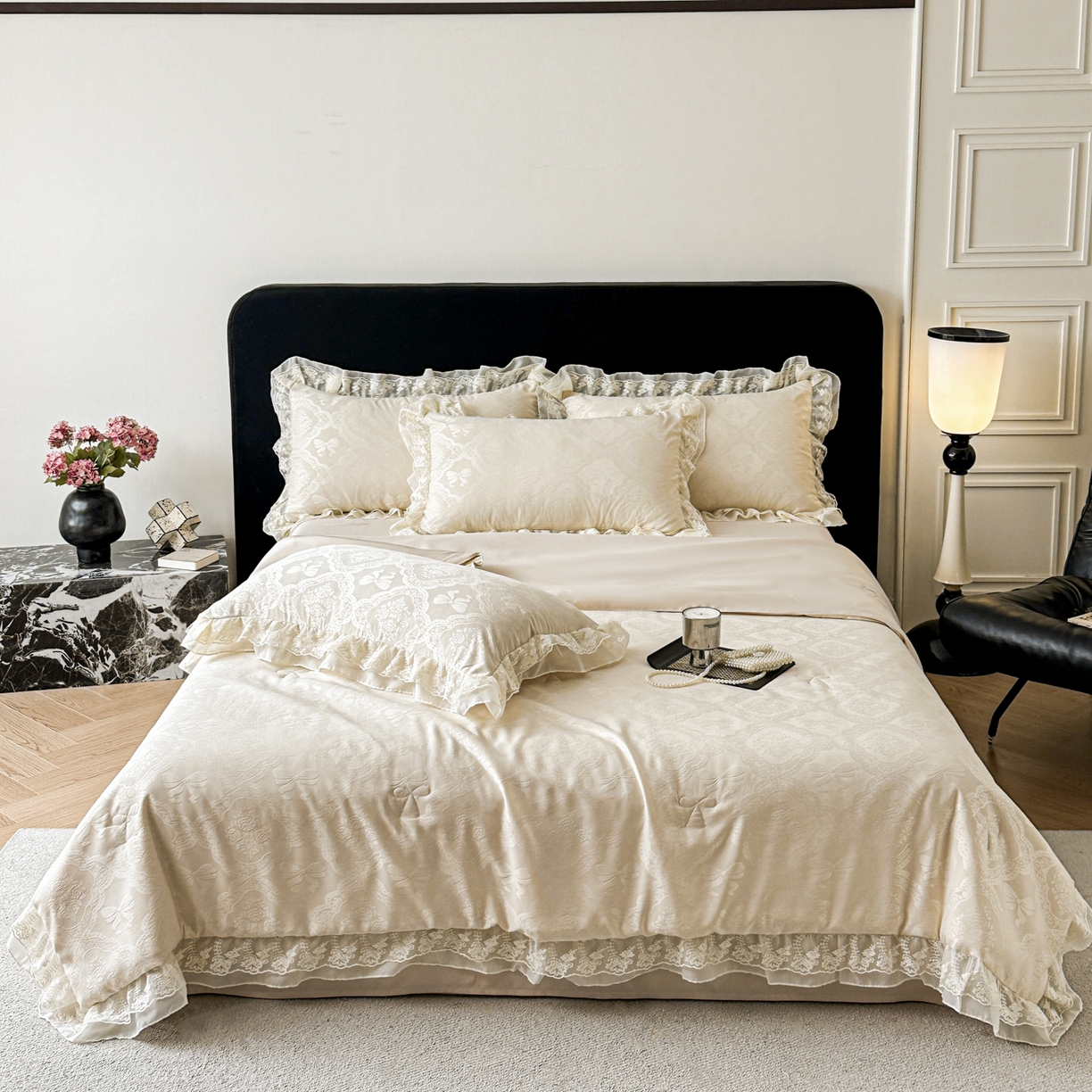 91家纺网 家纺一手货源 找家纺 你好美丽 2026新款水洗真丝蕾丝花边夏被夏凉被空调被四件套-夏梦 夏梦杏