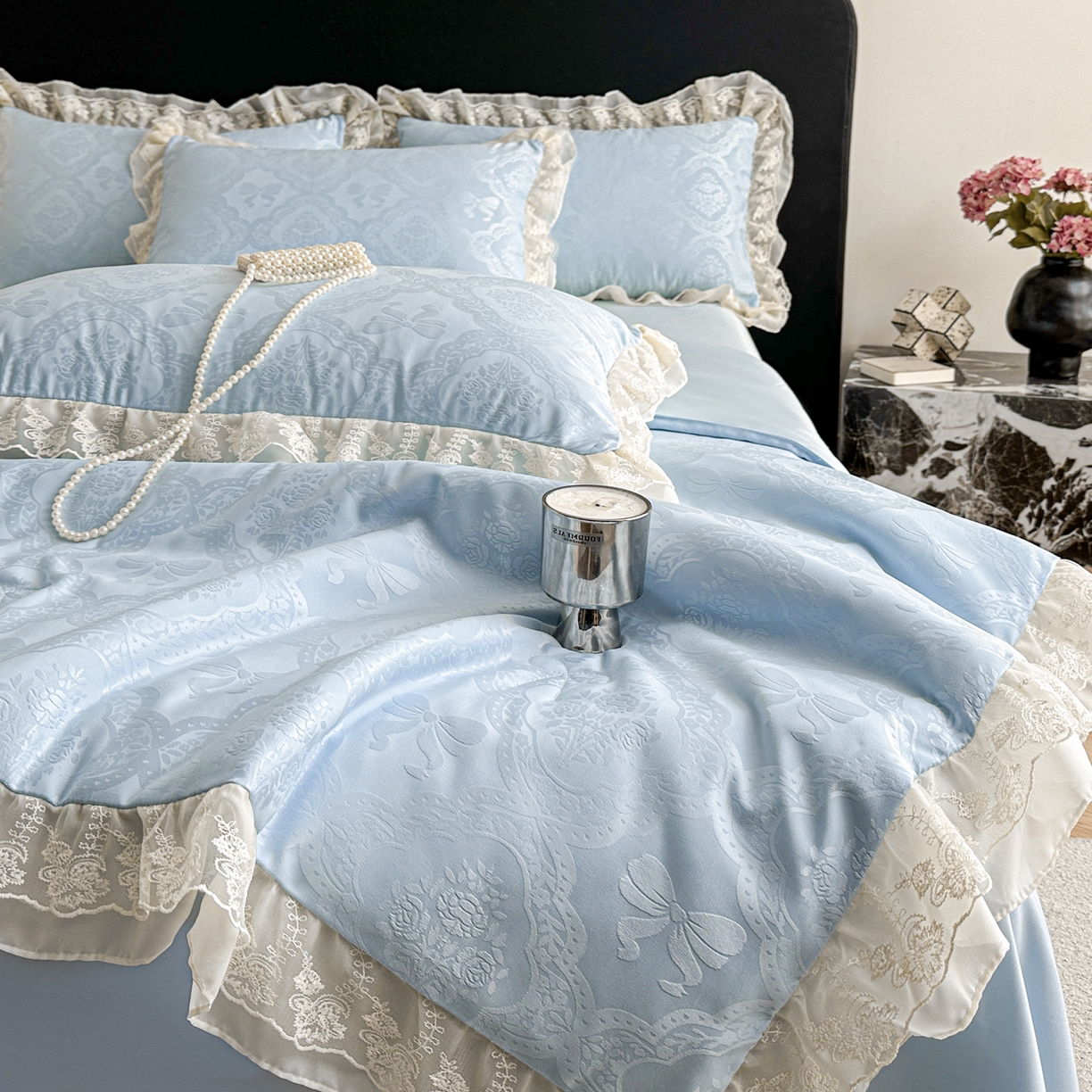 91家纺网 家纺一手货源 找家纺 你好美丽 2026新款水洗真丝蕾丝花边夏被夏凉被空调被四件套-夏梦 夏梦蓝