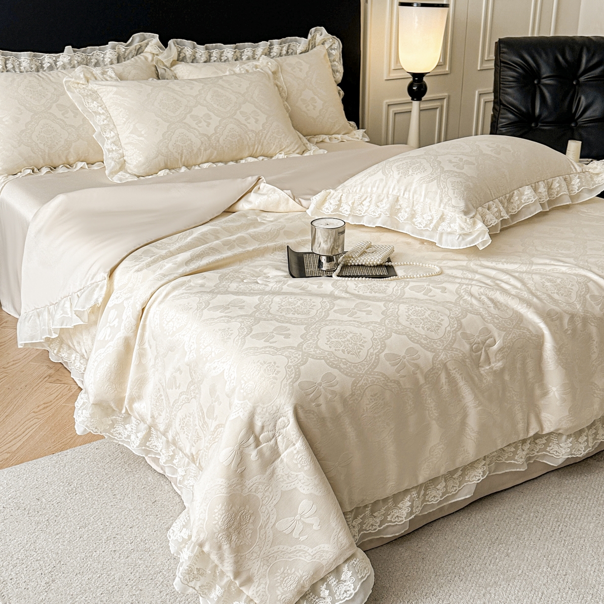 91家纺网 家纺一手货源 找家纺 你好美丽 2026新款水洗真丝蕾丝花边夏被夏凉被空调被四件套-夏梦 夏梦杏