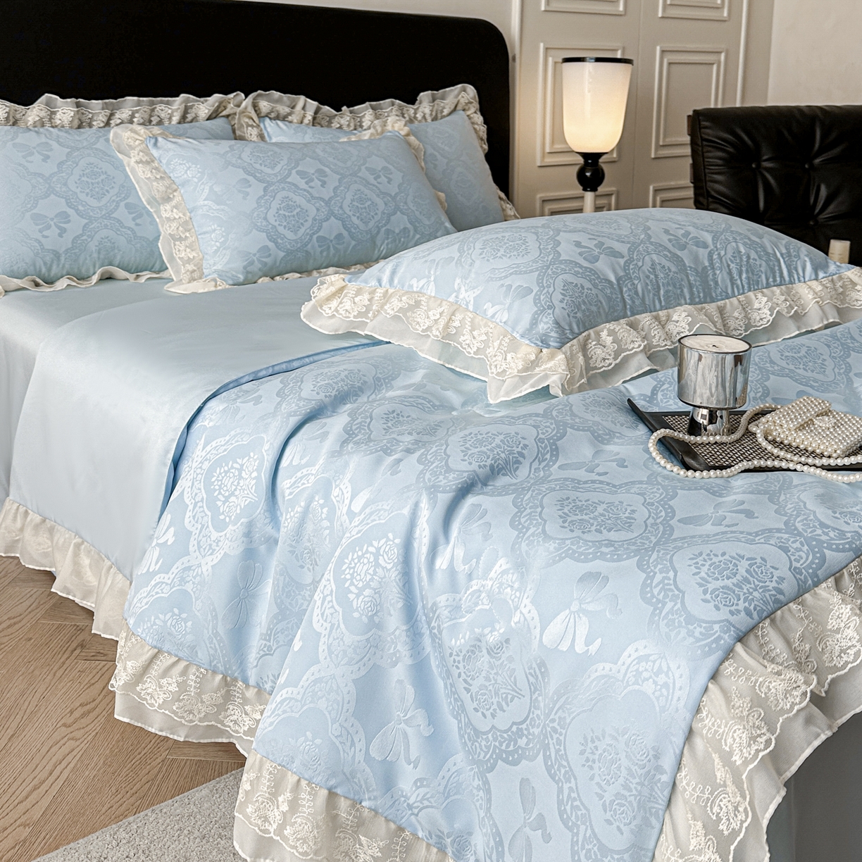 91家纺网 家纺一手货源 找家纺 你好美丽 2026新款水洗真丝蕾丝花边夏被夏凉被空调被四件套-夏梦 夏梦蓝