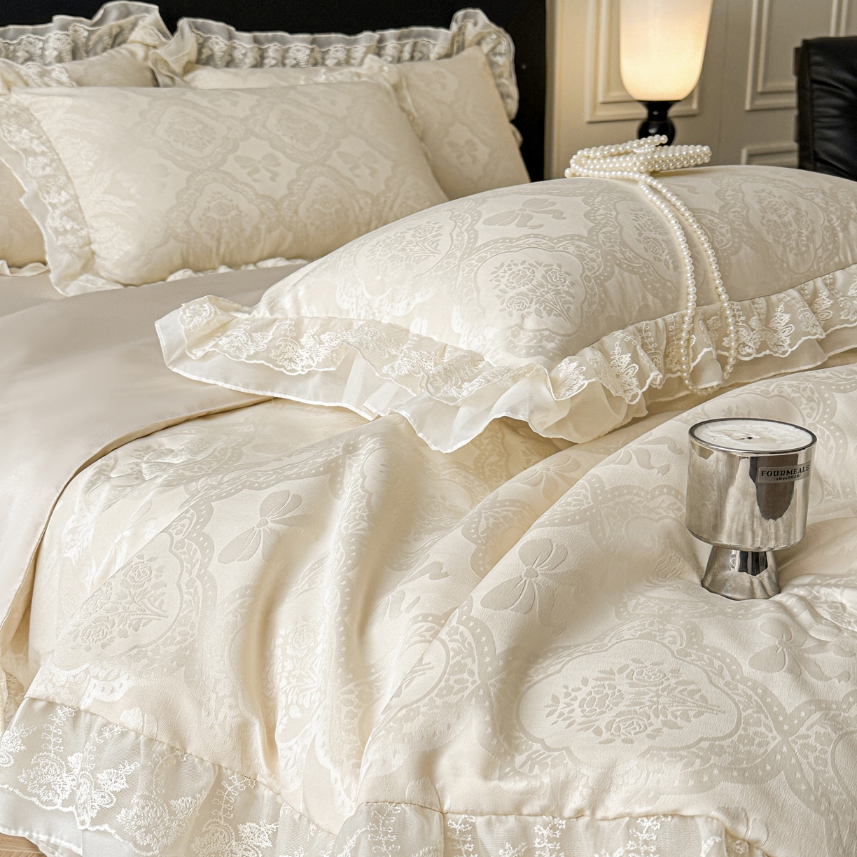 91家纺网 家纺一手货源 找家纺 你好美丽 2026新款水洗真丝蕾丝花边夏被夏凉被空调被四件套-夏梦 夏梦杏