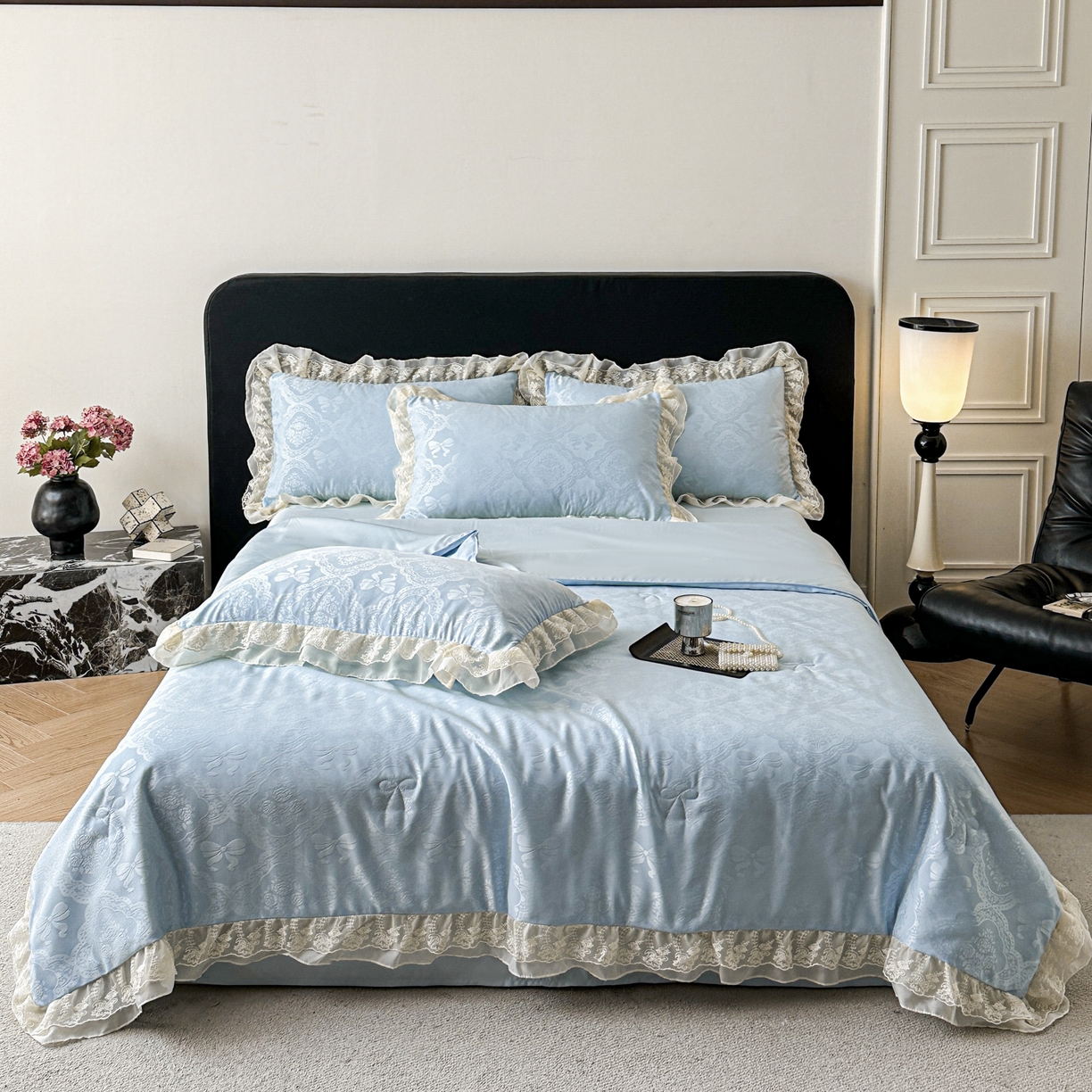 91家纺网 家纺一手货源 找家纺 你好美丽 2026新款水洗真丝蕾丝花边夏被夏凉被空调被四件套-夏梦 夏梦蓝