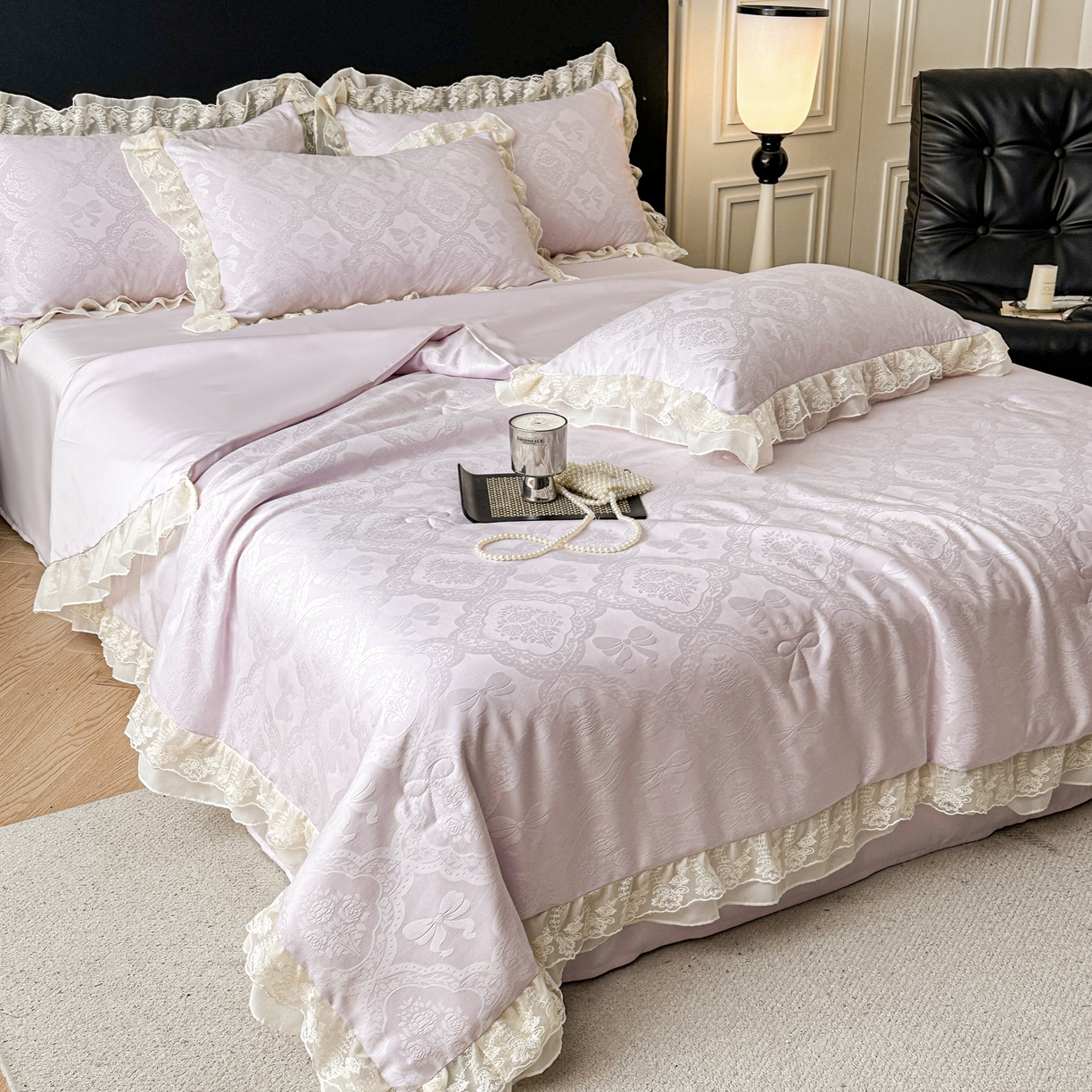 91家纺网 家纺一手货源 找家纺 你好美丽 2026新款水洗真丝蕾丝花边夏被夏凉被空调被四件套-夏梦 夏梦紫